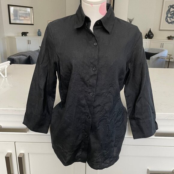 Nygard Collection 3/4 Slv Button Down 100% Linen Blouse w Embroidery Black Sz 8 - Picture 1 of 11